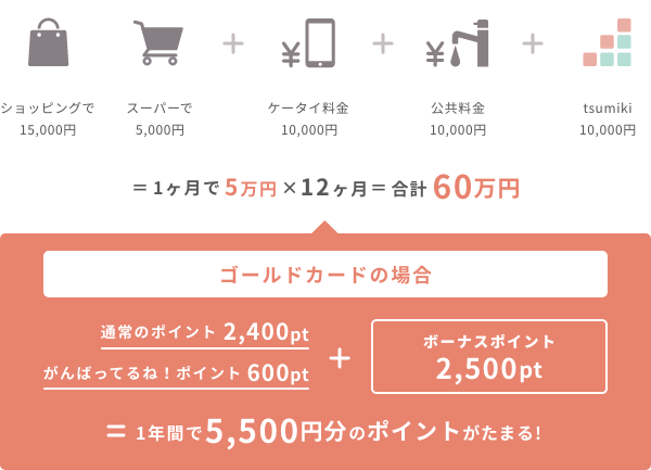 �V���b�s���O�� 15,000�~+�X�[�p�[�� 5,000�~+�P�[�^�C���� 10,000�~+�������� 10,000�~+tsumiki 10,000�~=1������5���~�~12������60���~ �S�[���h�J�[�h�̏ꍇ �ʏ�̃|�C���g2,400pt+����΂��Ă�ˁI�|�C���g600pt+�{�[�i�X�|�C���g2,500pt=1�N�Ԃ�5,500�~���̃|�C���g�����܂�!