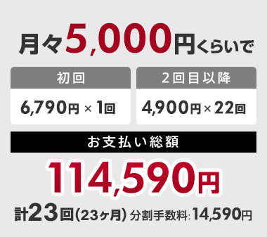 ���X5,000�~���炢�ł��x�������z114,590�~�i����6,790�~�~1��A2��ڈȍ~4,900�~�~22��@�v23��i23�����j�A�����萔���F14,590�~�j