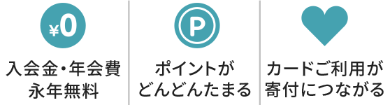 入会金・年会費永年無料、ポイントがどんどんたまる、カードご利用が寄付につながる
